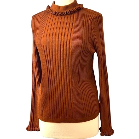 ASOS Fall Rust Orange Pumpkin Ruffle Mock Neck Sweater Stretch Ribbed FALL Cozy - Picture 9 of 9